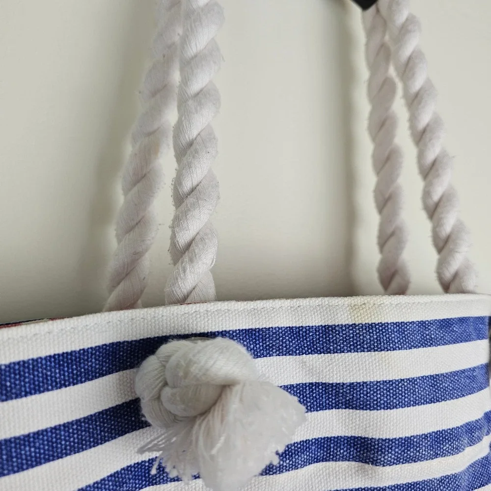Nautical Rope Handle Canvas Tote Bag Women OS Blue Striped Anchor